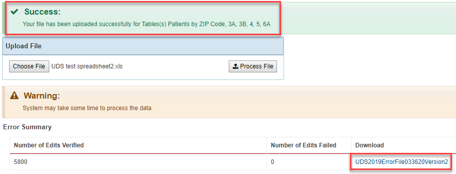 EHBs KB for Grantees > Uniform Data System (UDS) Enhancements > Upload success message and error file 2.png (Upload Success Message and Error File) Screenshot of Upload Success Message and Error File
