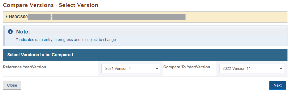 Screenshot of the Compare Versions Select Versions page