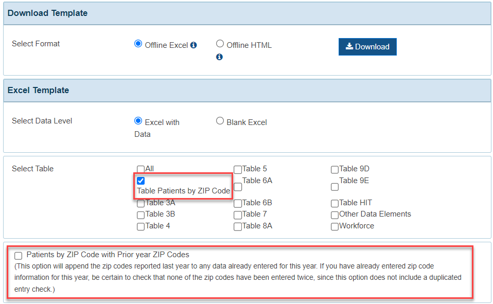 Screenshot of the Download Template page show the Table Patients by ZIP Code option