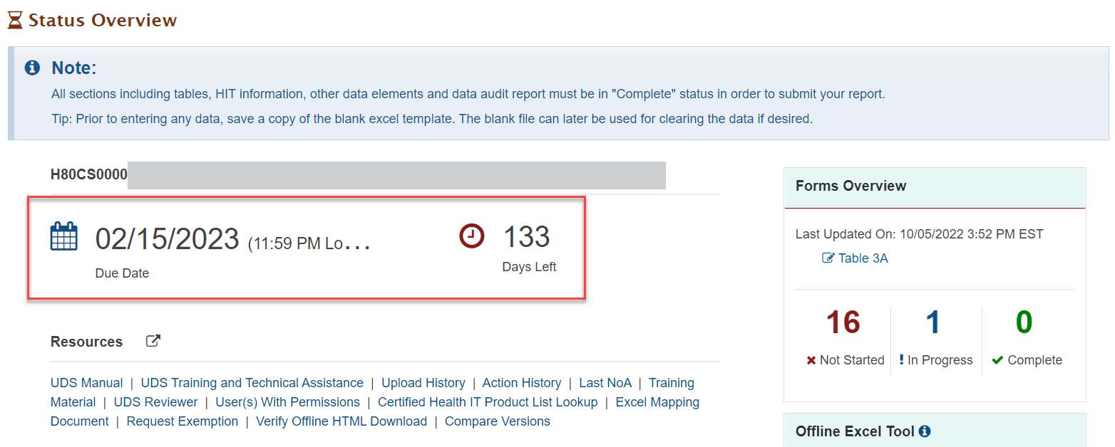 Screenshot of the Status Overview page showing the due date and days left