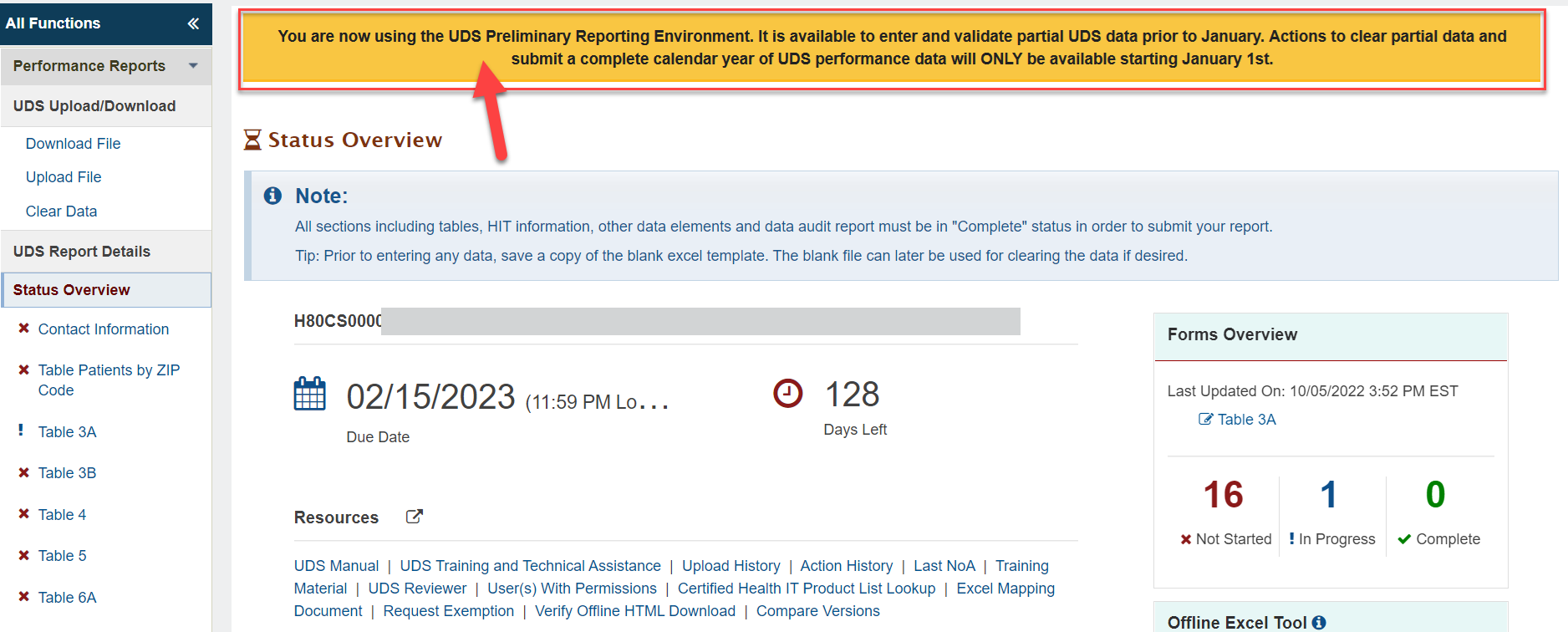 Screenshot of the Status Overview page showing the Preliminary Reporting Environment PRE