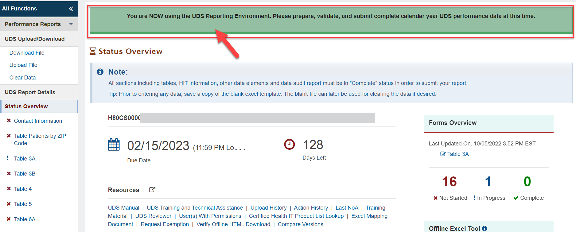 Screenshot of the Status Overview page with the message to indicate the UDS Reporting Environment and that the report can be submitted