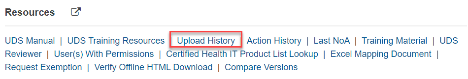 Screenshot of the Resources section showing the Upload History option
