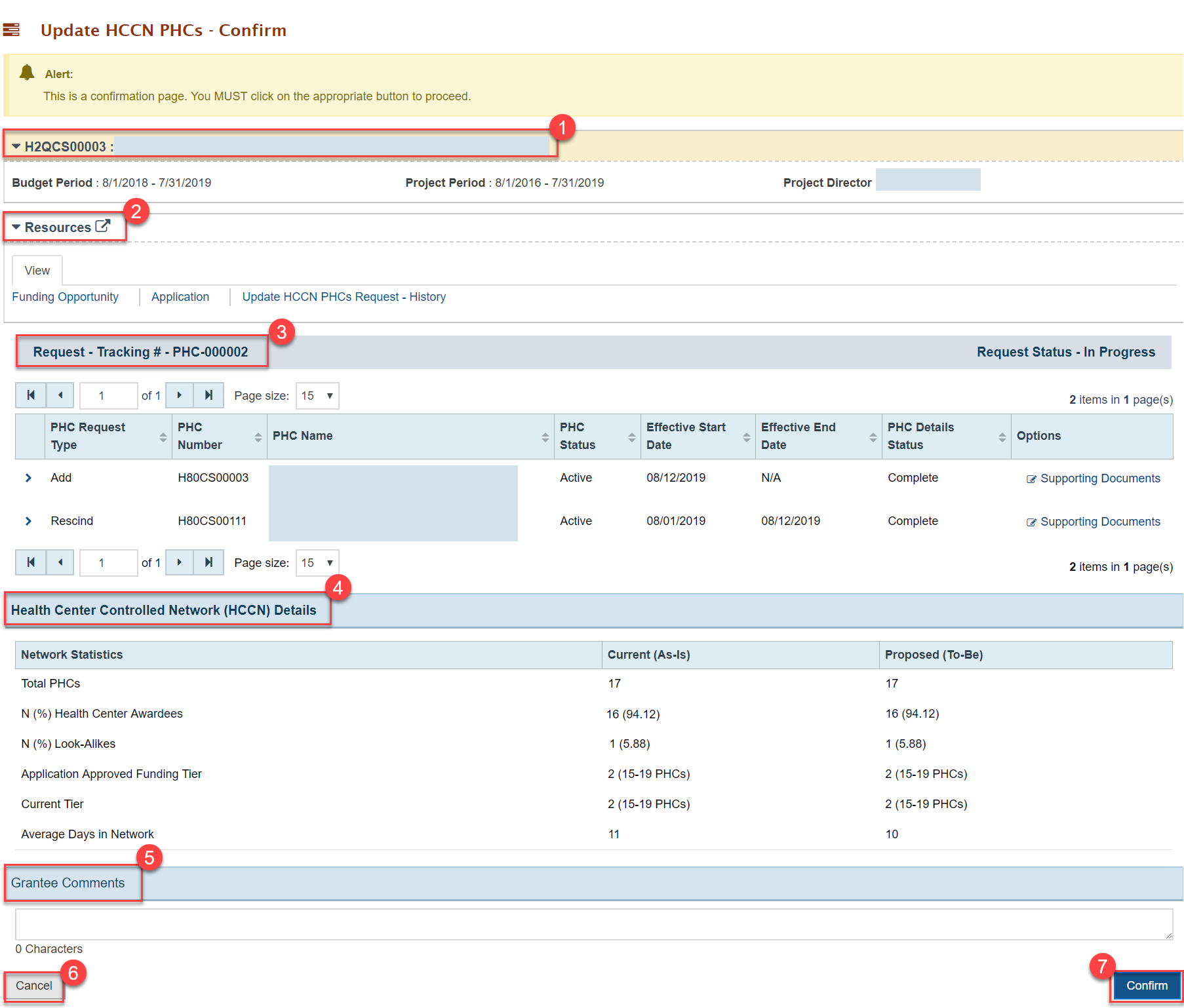 Screenshot of Update HCCN PHCs Confirmation page