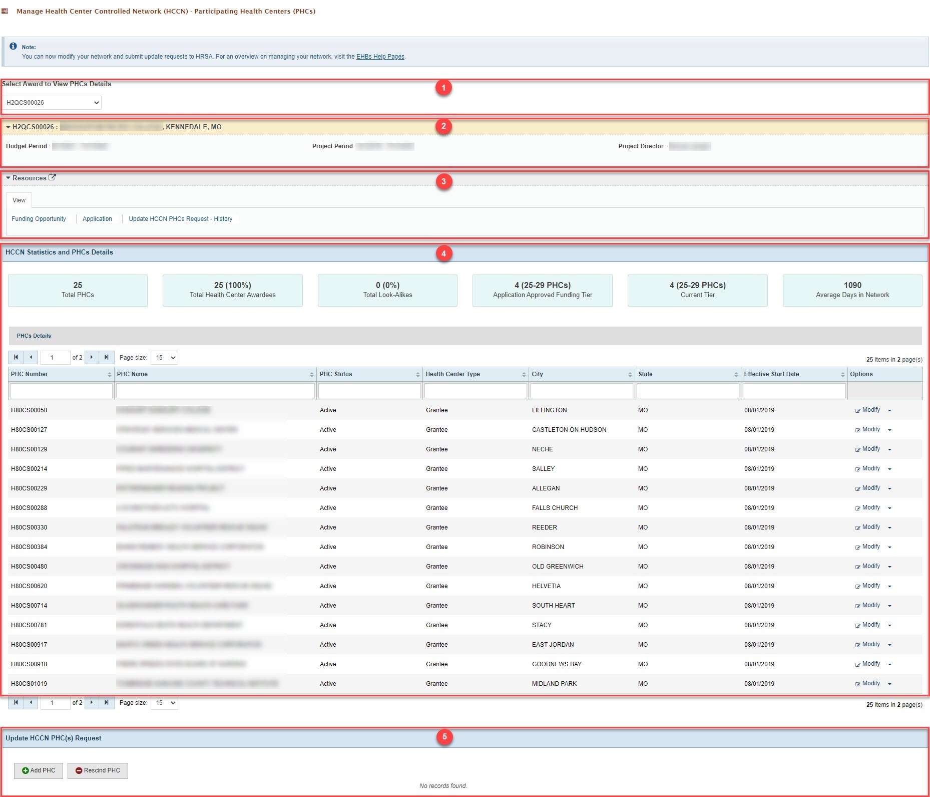 Screenshot of Manage HCCN PHC page sections