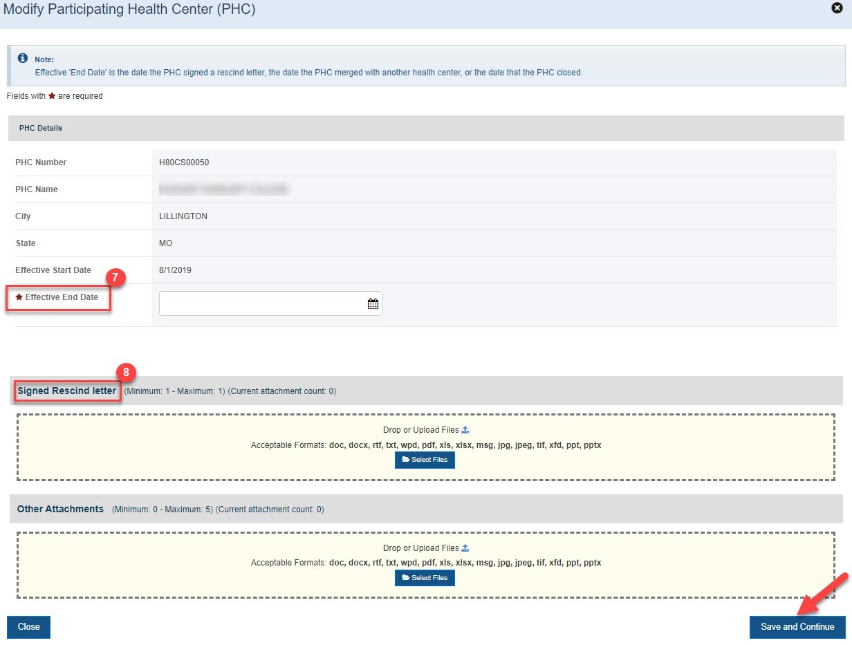 Screenshot of Modify PHCs page when rescinding a PHC
