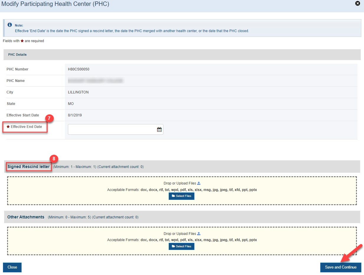 Screenshot of Modify PHCs page when rescinding a PHC