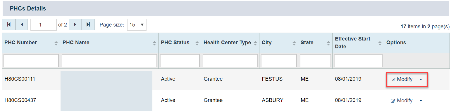 Screenshot of PHCs Details section