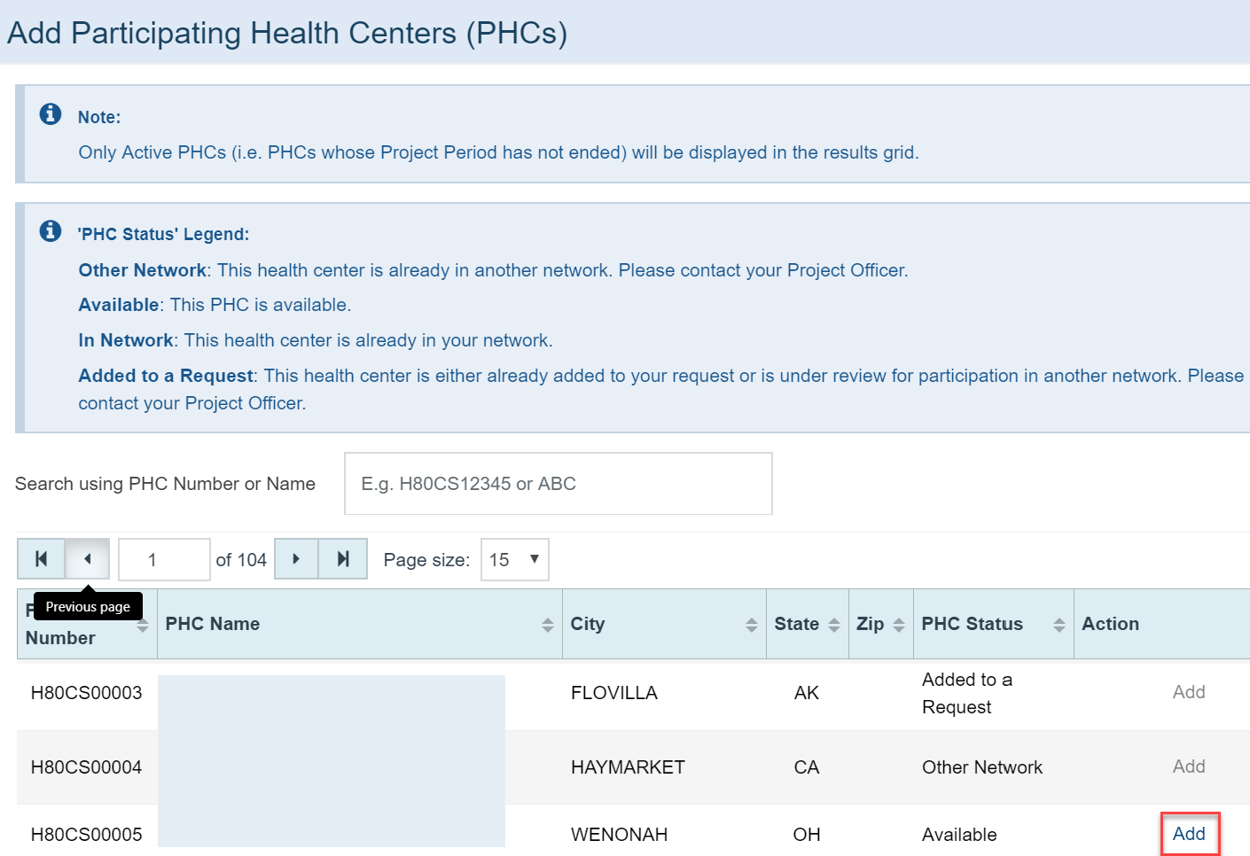 Screenshot of Add PHC page with the list of PHCs