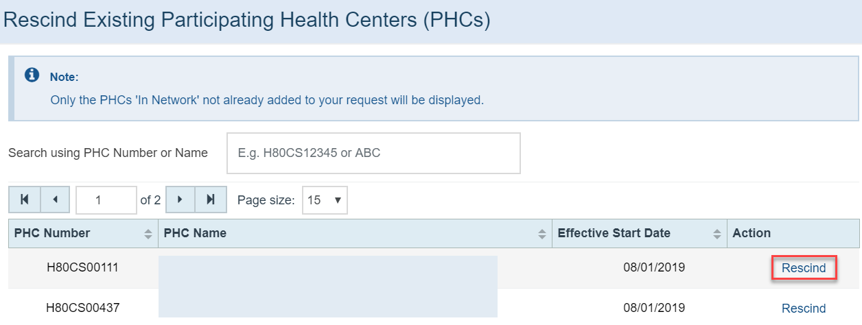 Screenshot of Rescind existing PHCs page with list of PHCs that can be rescinded