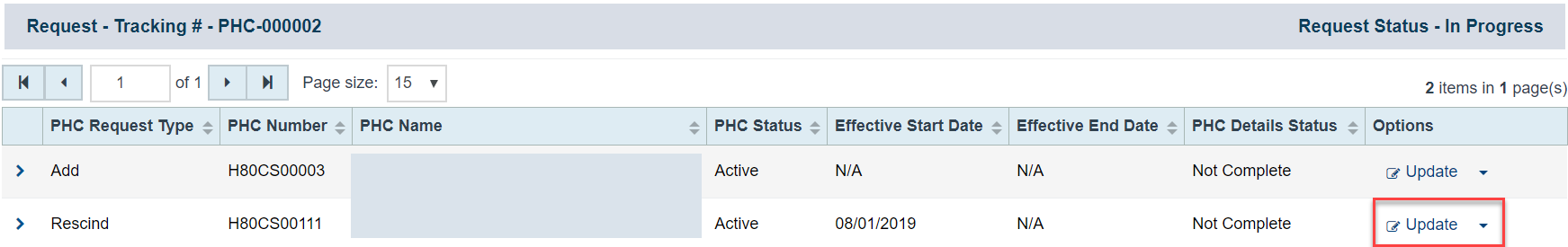 Screenshot of Request - Tracking Number page to see PHCs in process