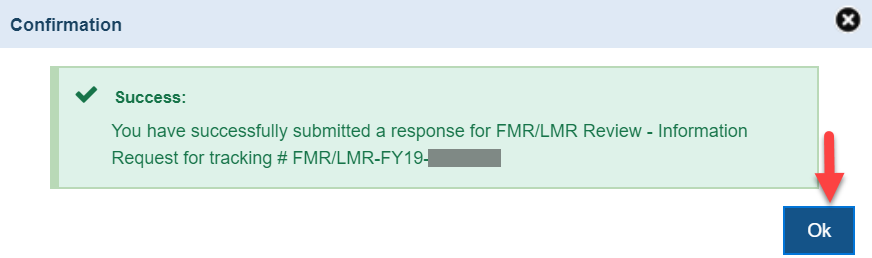 Screenshot of Confirmation Success Message and Ok button to submit