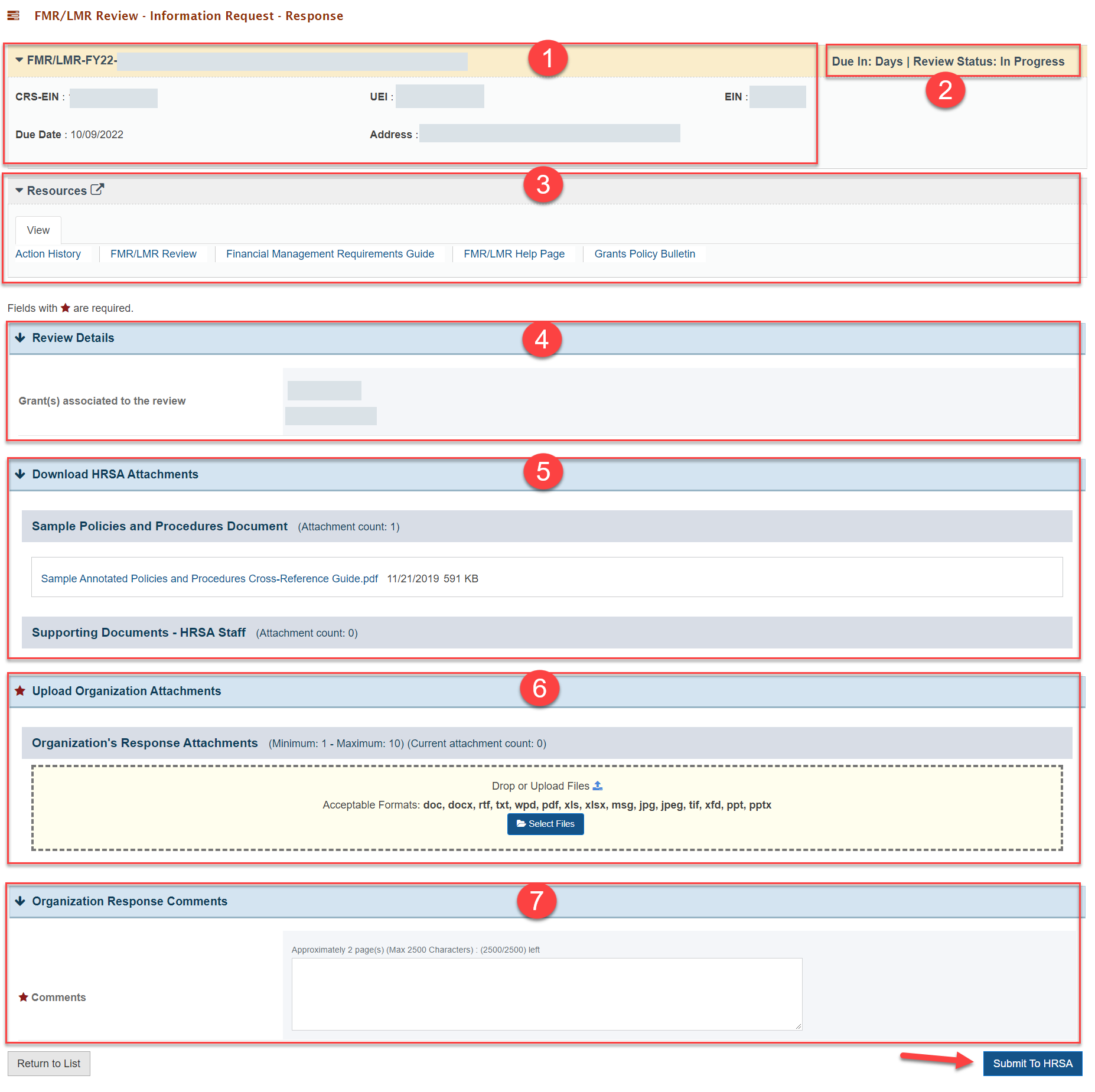 Screenshot of the FMR LMR Review Information Request Review page