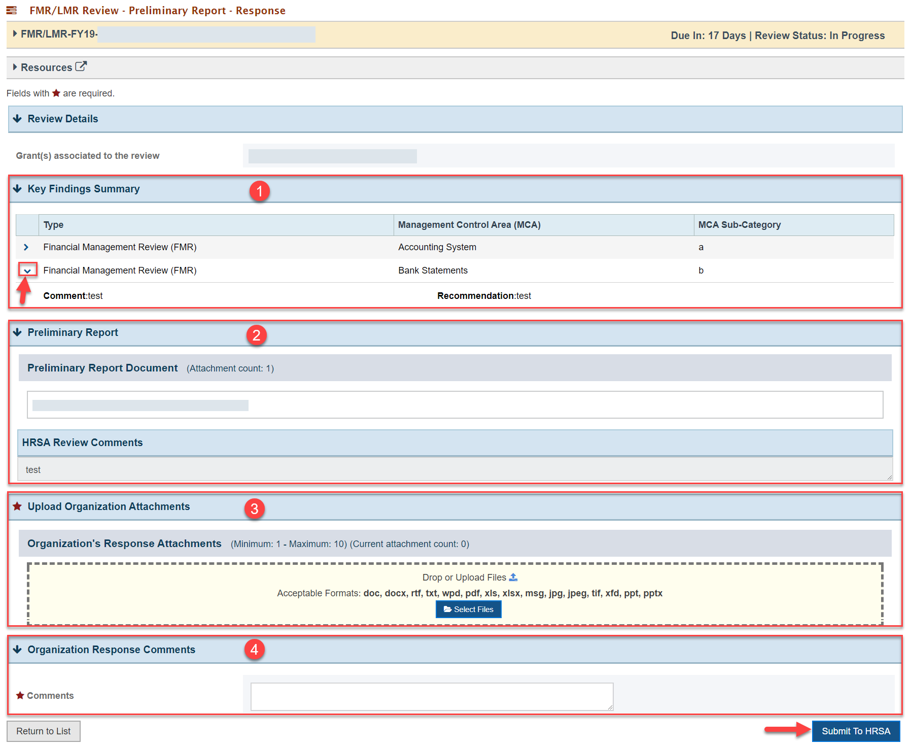 Screenshot of the Preliminary Report Response page