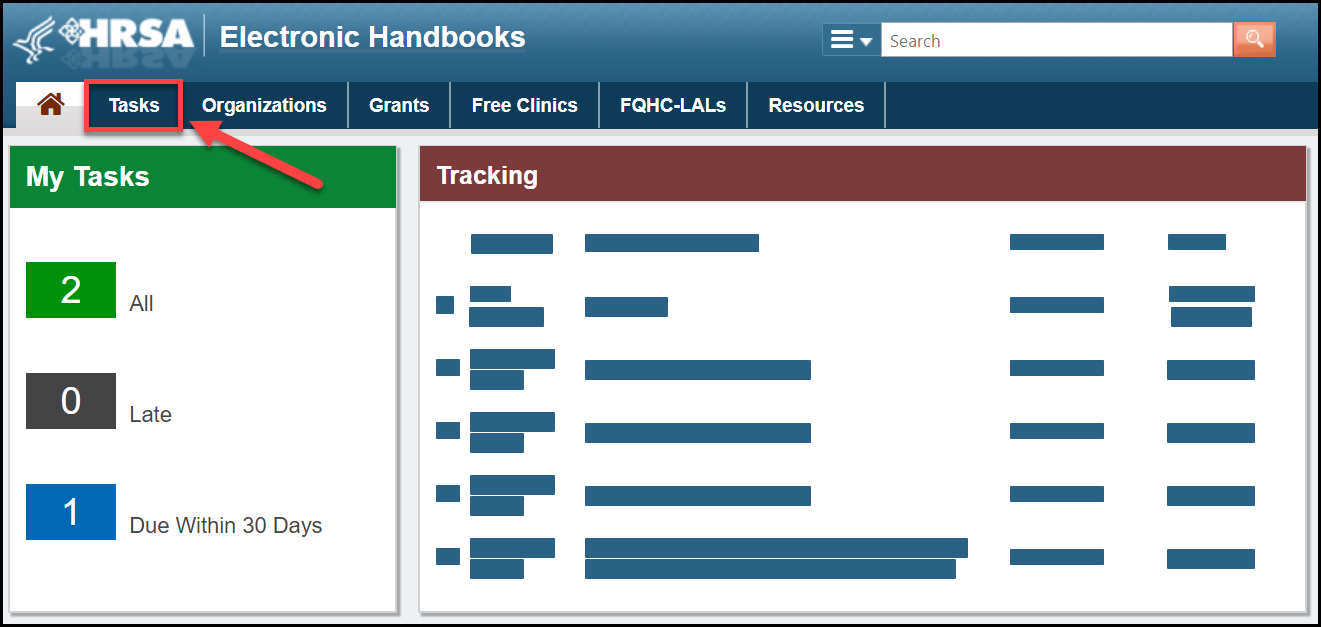 Screenshot of Tasks tab from the EBHs homepage