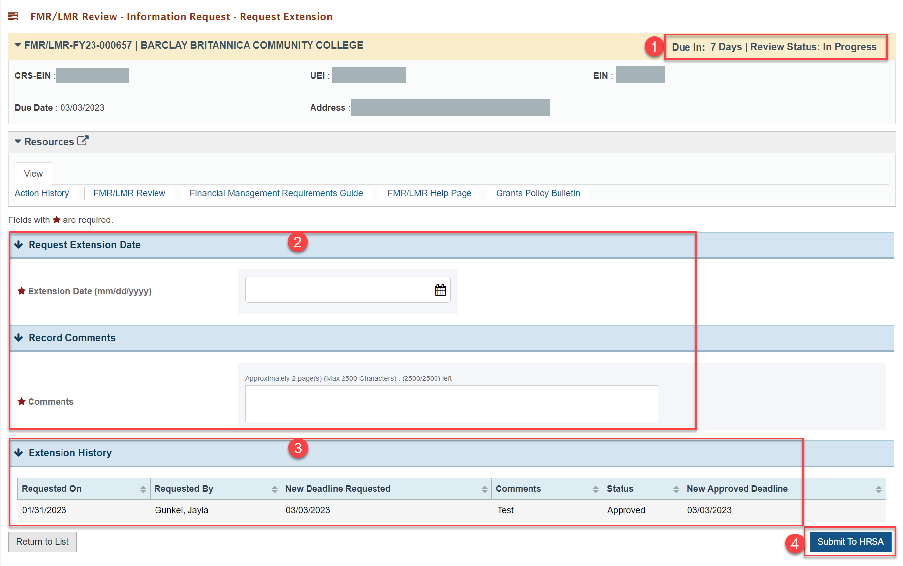 Screenshot of the Request Extension page showing date and comments fields, and Submit to HRSA button