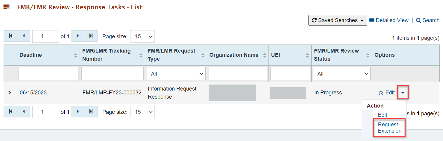 Screenshot of the FMR LMR Response Tasks List showing Request Extension in the Options column