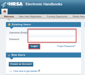 Screen shot highlighting Username and Password fields on the EHB's login page