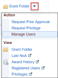 Screenshot of Grant Folder drop down menu selections