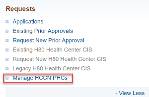 Screenshot of Grant Folder Requests list showing Manage HCCN PHCs